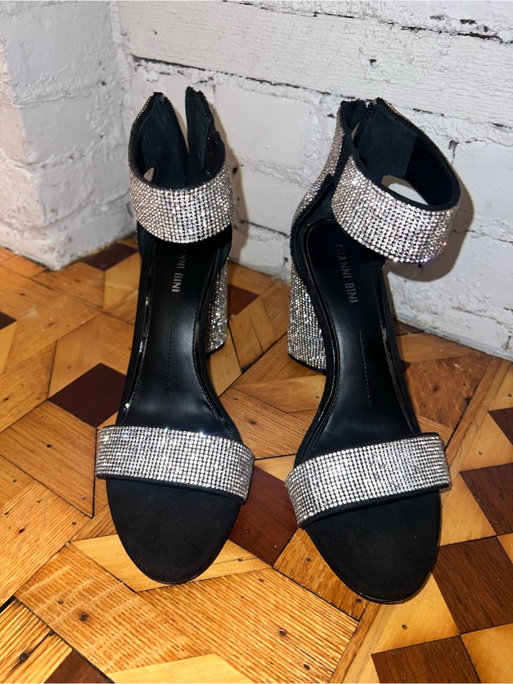 Gianni Bini Black Heels with Crystal-Embellished Straps